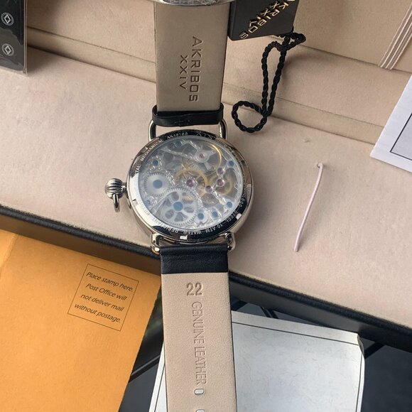 WATCH - NIB Akribos XXIV Watch Mens, Leather, AK451SS, Analog, SKELETON, DUAL - Picture 5 of 12